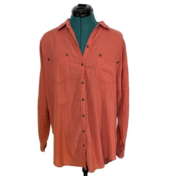 Free People Coral Textured Oversized Button Up Long Sleeve Shirt Size‎ Small - Picture 1 of 7